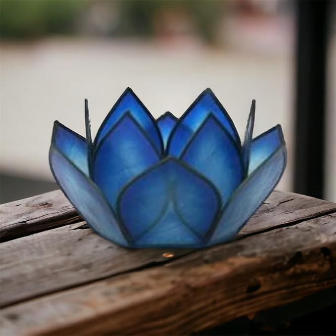 Om Gallery Capiz Shell Lotus Flower Decor Tealight Candle Holder for Serene Ambiance -Decorative Natural Shell Mini Candle Holders for Meditation, and Relaxation, Dark Blue