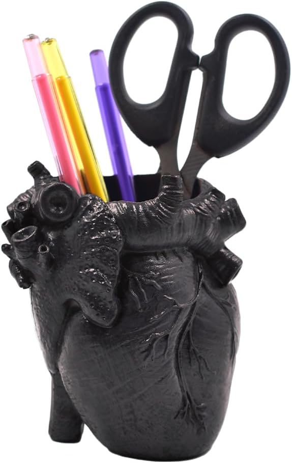 Small Human Heart Organ Shape Pen Holder Home Office Desk Storage Resin Decor, Makeup Brush Holder, 4.1" x 3.5", Black