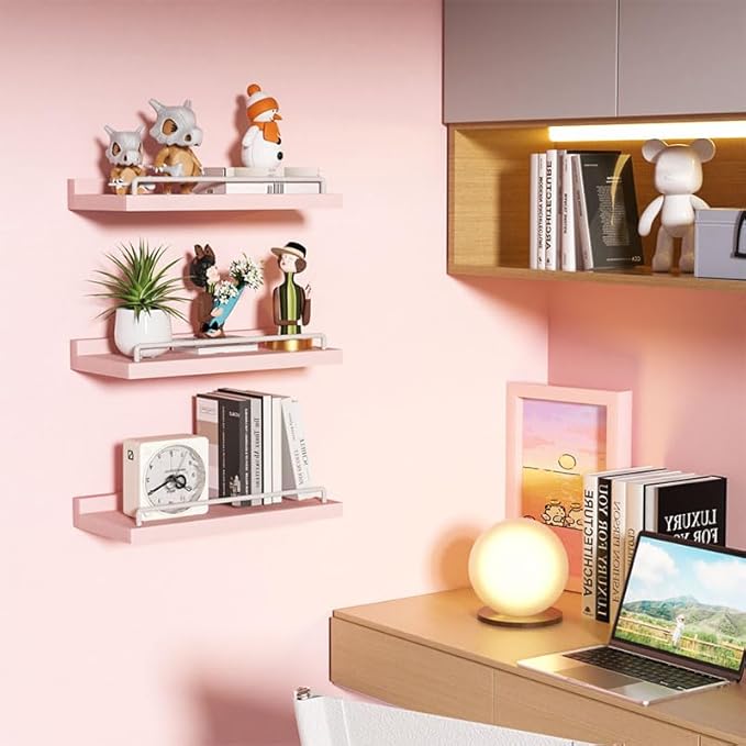 RYOFOBETTO Small Floating Shelf, 6X9 Inches Farmhouse Wall Shelves for Living Room, Bedroom, Picture Frames, Plants, Kitchen, Set of 3 (Pink and White)