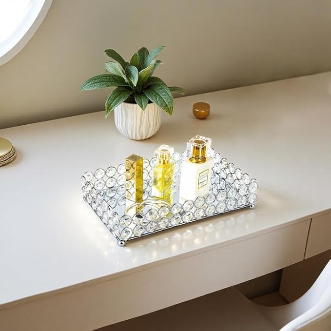 Feyarl Crystal Perfume Tray Cosmetic Makeup Vanity Tray Jewelry Trinket Rings Earrings Organizer Decorative Tray Storage for Home Deco Wedding Dresser Coffee Tabletop Girl Women Gift(10" x 6 "Silver)