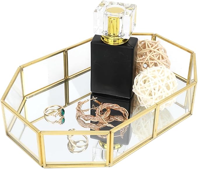 Mirror Glass Vanity Tray, Octagonal Gold Ornate Makeup Perfume Tray, Vintage Style Jewelry and Trinket Organizer for Dresser, Bathroom Storage Decor