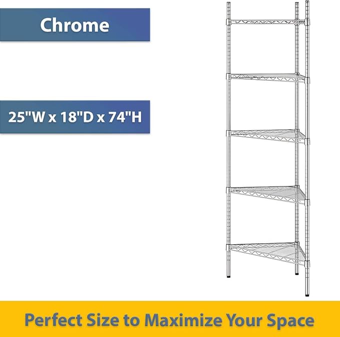 25" W x 18" D x 74" H NSF Chrome Triangle Heavy Duty Corner Shelving Kit, 5-Shelf Adjustable Wire Rack