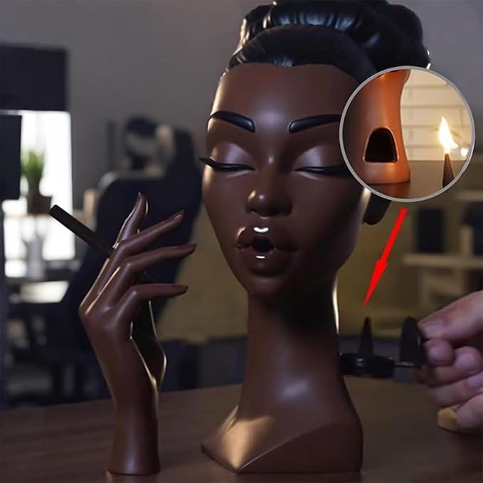 Incense Holder,Black Woman Smoking Head Incense Burner,Unique Home Gift,Desk Decor Suitable for Bedroom and Living Room