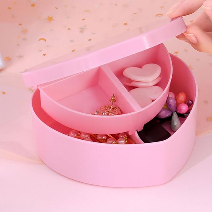 2pcs Heart Shaped Jewelry Box, Small Double Layer Trinket Organizer with Makeup Mirror, Earring and Ring Storage Case in Cherry Blossom Pink for Bedroom Use