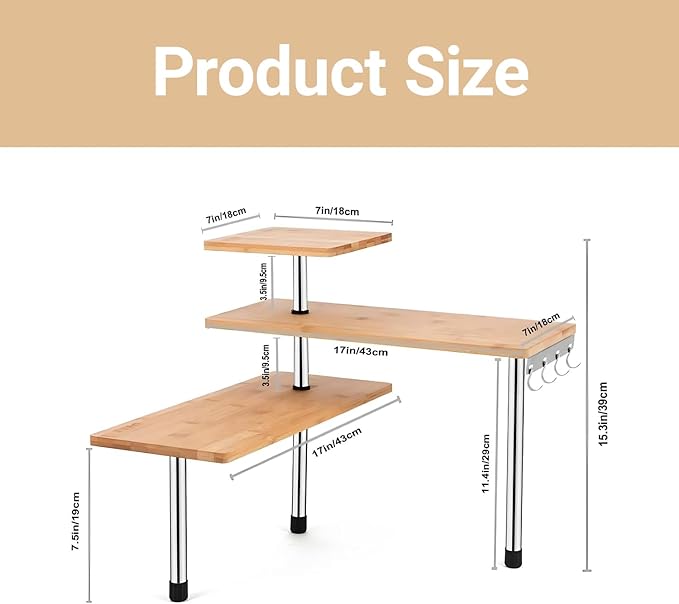 HYNAWIN 3-Tier Corner Shelf, Bamboo & Metal Storage Rack with Hooks, Adjustable Countertop Organizer for Kitchen, Bathroom, Bedroom or Office