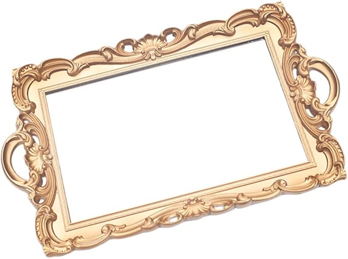 GALPADA European Vintage Mirror Tray Makeup Organizer Perfume Storage Plate Gold Rectangular Decorative Vanity Tray for Home Décor and Photography Display