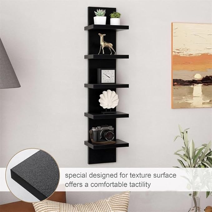 5 Tier White Wall Shelves - Vertical Column Floating Storage Organizer, Tall Tower Design Utility Shelving for Home Decor, Bedroom & Living Room, 30.7" x 31"(Black)