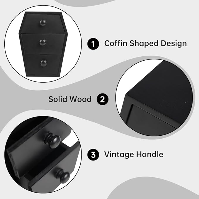Gothic Coffin Jewelry Organizer -Coffin Vanity Boxes 3-Drawer Spooky Dark Aesthetic Vanity Box, Solid Wooden Black Storage with Compartments for Rings Necklaces Earrings