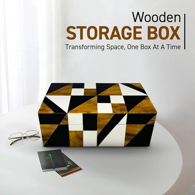 Perilla Home Home Decor Decorative Storage Wooden Box Small Geometric Organizer Tool Stash Card Craft Trinket Memory Keepsake Jewelry Box for Men and Women, Gifts For All, Brown, Black and Off White