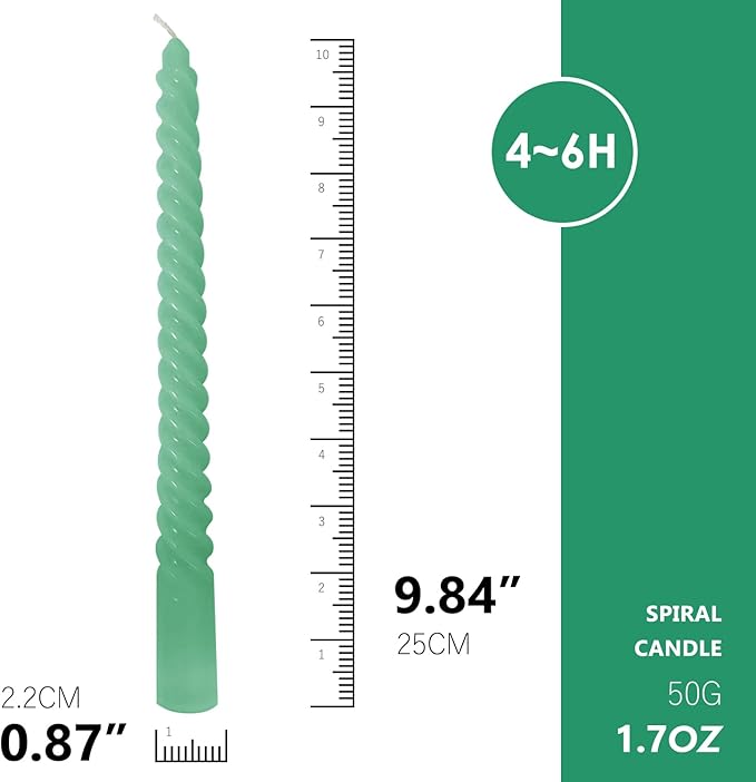Green Taper Candles, 4 Pack Green Spiral Twisted Candle, Unscented Taper Candlesticks 10 inch, Candles for Valentines Day Home Decor Wedding Decorations