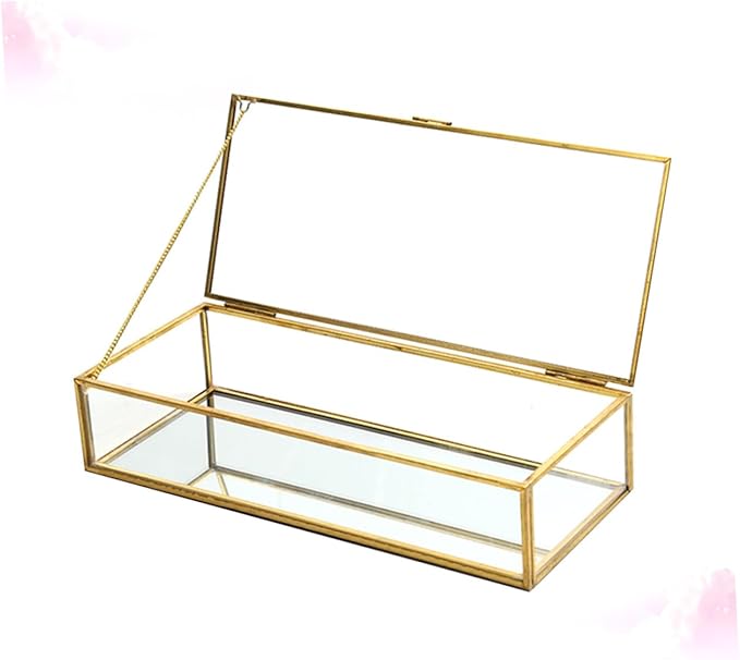POPETPOP Vintage Golden-edged Glass Jewelry Box Organizer with Geometric Design, Wedding Jewelry Storage Holder for Desktop Display and Makeup Accessories