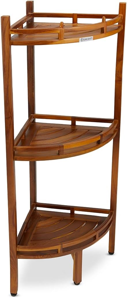 TeakCraft Teak Corner Shower Shelf, 3 Tier, 14Wx14Lx39.5H inches, Fully Assembled, The OM