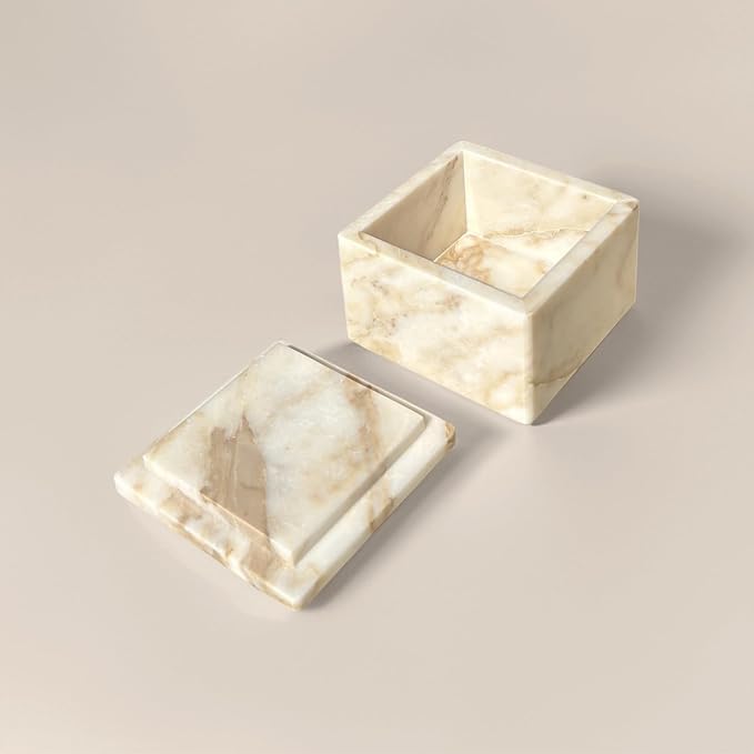 Natural Marble Ring Jewelry Box Cotton Swab Storage Box with Lid Storage Box (Calacatta Gold)