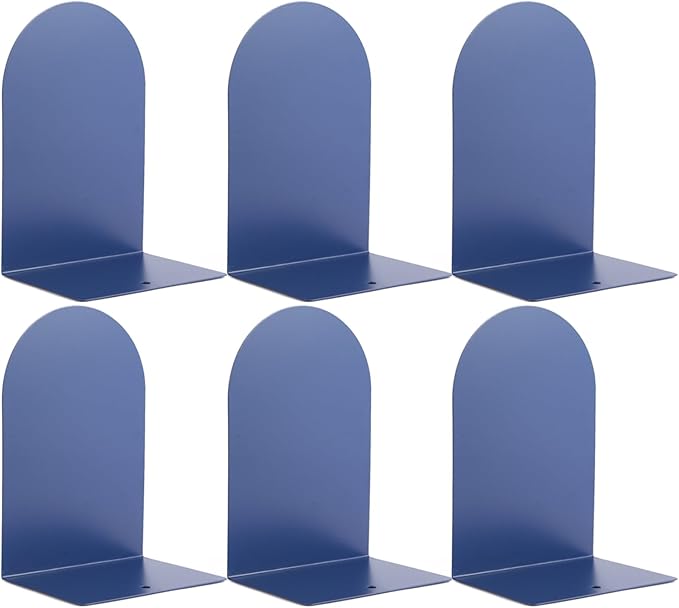 Metal Book Ends for Shelves - 6Pcs Bookends for Heavy Books Non-Skid Decorative Book Stopper to Hold Books/CDs for Home Office School and Desktop Organizer, Dark Blue