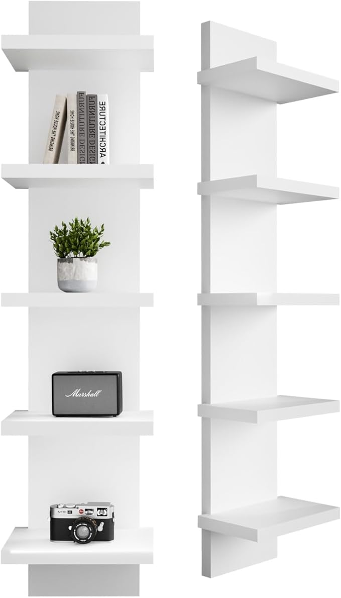 5 Tier Wall Shelves White, Vertical Column Shelf Floating Storage Home Decor Organizer Tall Tower Design Utility Shelving for Bedroom Living Room
