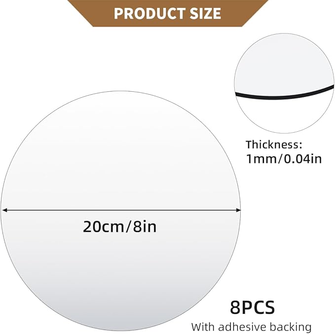 8 Pack Acrylic Round Mirrors, 8 inch Circle Mirror Tiles Self Adhesive Mirror Stickers for Wall Home Living Room Bedroom Decor, Small Mirrors for Crafts (Thickness 1 mm) (8 inch/20cm)