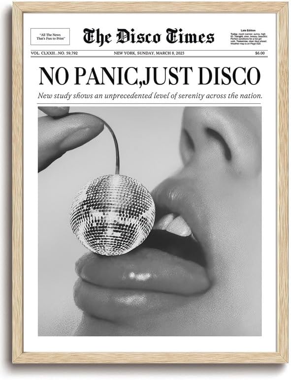 Bwodke OAK Wood Framed Wall Art No Panic Just Disco Canvas Art Vintage Newspaper Headline Pictures Wall Decor Trendy Cherry Disco Ball Prints for Girly Dorm Bedroom 12"x16"