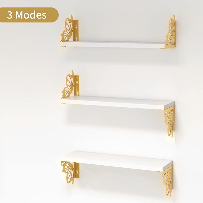 Hoikwo 3 Pack Butterfly Wall Shelves, White Gold Floating Book Shelves, for Mother, Mom, Women, Girls, for Preppy Room Decor, Living Room, Bedroom Decor Aesthetic