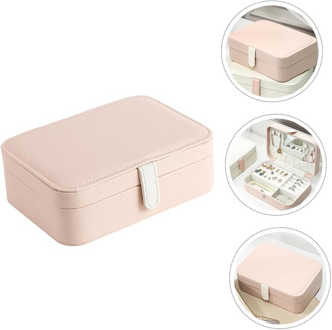 Portable Jewelry Box with Mirror for Earrings and Necklaces, Pu Leather Ring Organizer and Cosmetics Holder, Compact Jewelry Storage Case for Travel and Desktop Use, Pink