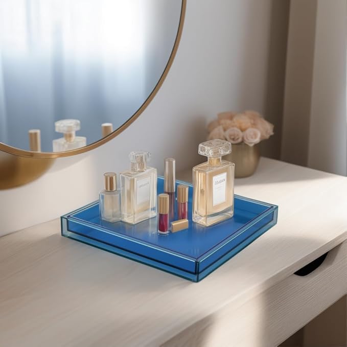 Creative Acrylic Decorative Tray, 10"x10" Modern Decorative Trays Jewelry Perfume Makeup Organizer Clear Square Bathroom Sink Vanity Tray for Bathroom, Vanity, Serving, Coffee Table, Living Room