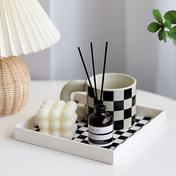 Ciandid Checkered Decorative Tray - Checkerboard Jewelry and Aromatherapy Reed Diffuser Vanity for Bathroom, White Dresser Organizer for Makeup and Perfume