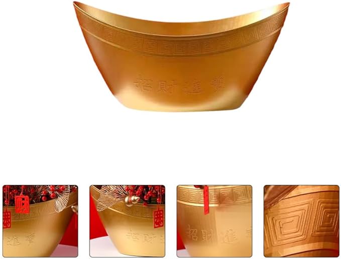 Yuanbaofu Bucket Golden Plastic Ingot Shape Wedding Housewarming Gift Storage Container Home Sundries Organizer New Year Flower Container Prosperity Basket 15.74X9.05X8.26In