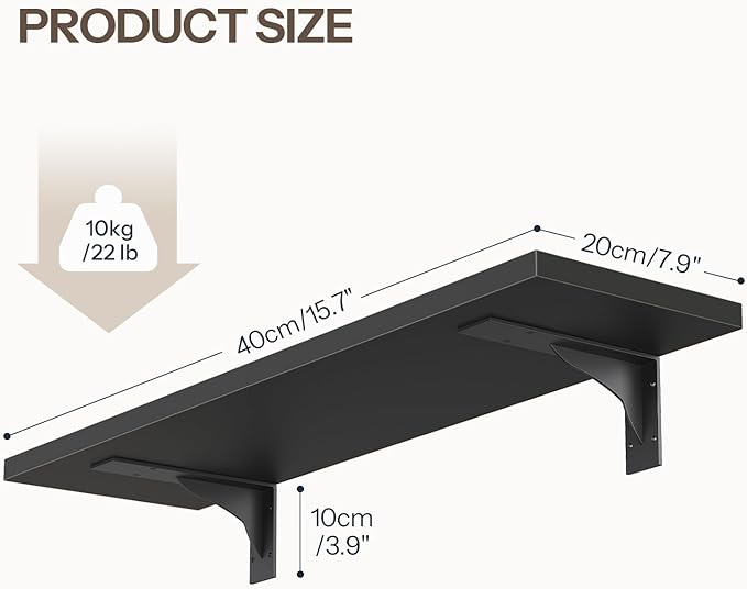 HOOBRO Floating Shelves for Wall, 15.4" Wall Mounted Shelves Set of 2, Hanging Storage Shelf with Metal Brackets, Wooden Shelf for Living Room, Bedroom, Bathroom, Black BK42BJP201G1