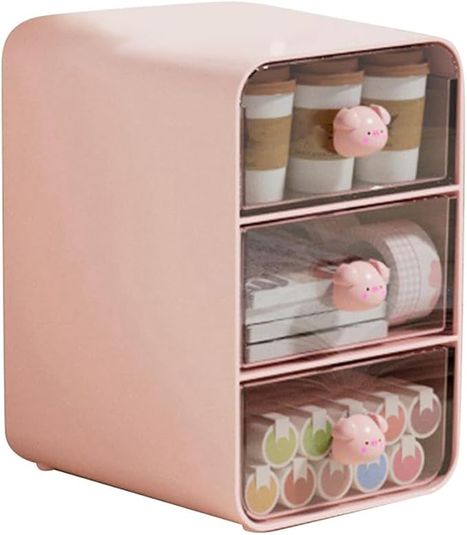 Cosmetic Trays 3 Tiers Makeup Organizer Holder Cosmetic Storage Box, Bathroom Countertop, Desk with Drawers Pink-B