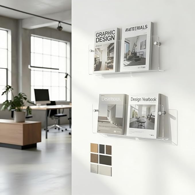 2-Pack Acrylic Magazine Holder Wall Mounted - Clear Wall Shelf Organizer for Books, Brochures, Mail, Office, Home, Living Room, Waiting Room Storage