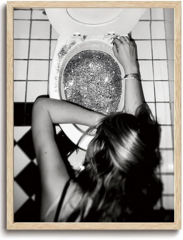 Bwodke OAK Wood Framed Wall Art After the Disco Party Canvas Art Black and White Funny Bathroom Pictures Wall Decor Vintage Prints Trendy Teen Girl Artwork for Girly Dorm Bedroom 8"x10"
