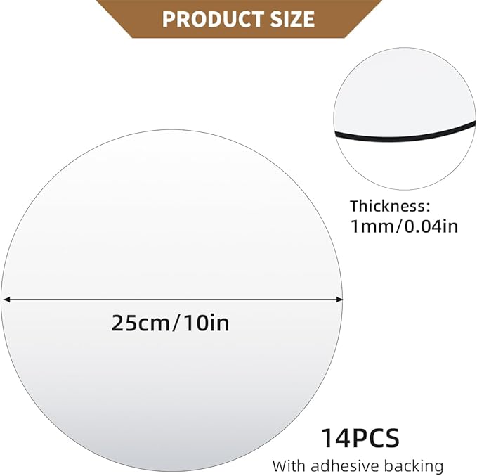 14 Pack Acrylic Round Mirrors, 10 inch Circle Mirror Tiles Self Adhesive Mirror Stickers for Wall Home Living Room Bedroom Decor, Small Mirrors for Crafts (Thickness 1 mm) (10 inch/25cm)