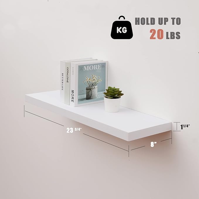 WELLAND Set of 2 Floating Shelves Wall Mounted Shelf, for Home Decor with 8" Deep (White, 24 inch)