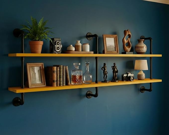 HDDFER Industrial Pipe Shelving Rustic Floating Bookshelf for Living Room 60 Inch Wall Mounted Bookshelf Pipe Shelves with Wood Planks Industrial Floating Shelves Farmhouse Kitchen Shelving