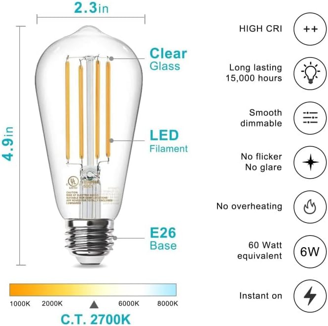 TJOY Edison Light Bulbs, Dimmable Vintage LED Light Bulbs, E26 Medium Base, Warm White 2700K, ST58, 6W, 800LM, 80+ CRI, Antique Decorative LED Filament, Clear Glass, 6 Pack