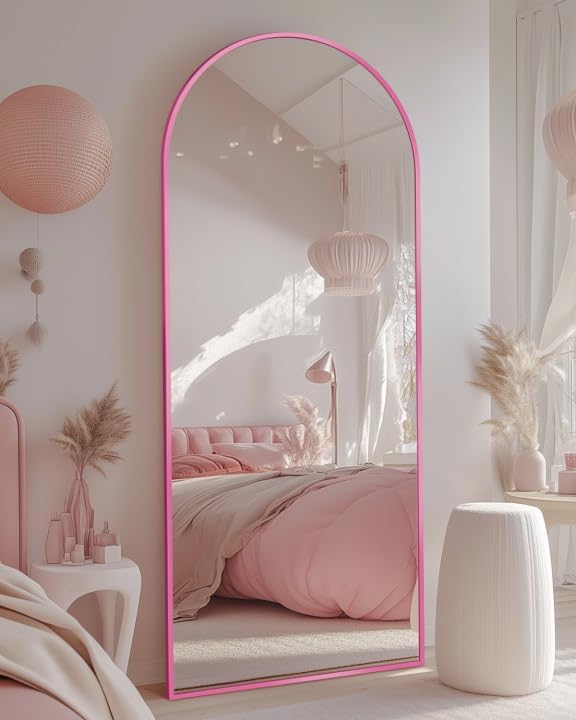 Full Length Mirror, 58"x19" Arched Floor Mirror Freestanding, Floor Standing Full Body Mirror with Stand for Bedroom, Hanging Mounted for Living Room Cloakroom,Pink
