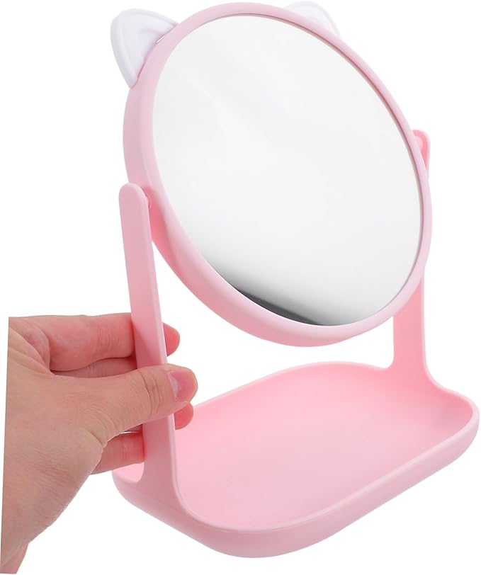 Cat Ear Makeup Mirror Storage Tray Rotatable HD Desktop Cosmetic Mirror for Girls Multifunctional Makeup Organizer for Vanity