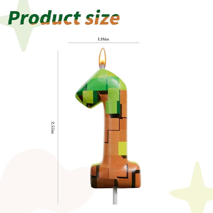 Pixel Miner Number Candle for Birthday Cake - 2.7 Inch Video Game Themed Party Decoration, Dynamite Style Cake Topper for Boys Girls Kids Anniversary Supplies(Retro Art, 1)