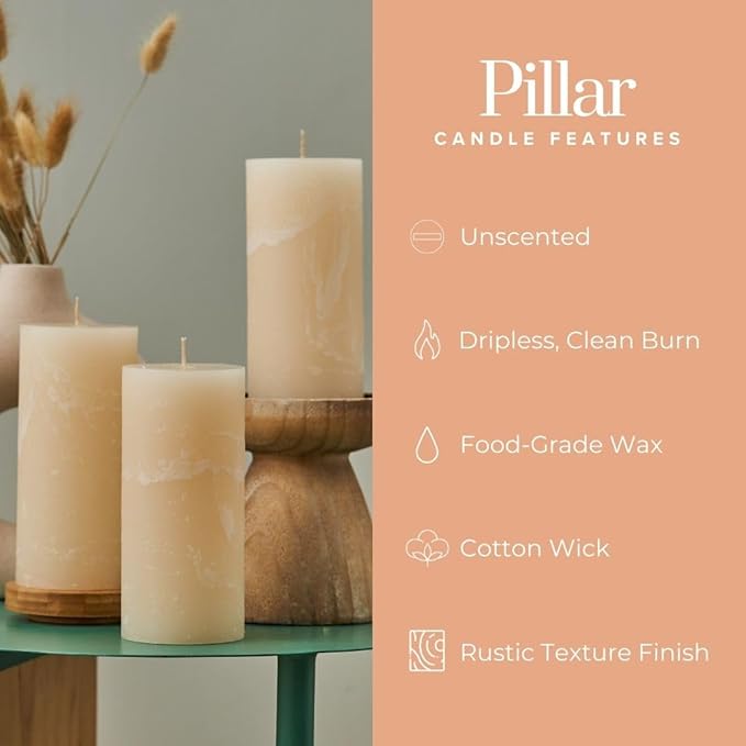 Simply Soson 3x3 inch Ivory Pillar Candles Set of 3, Rustic Texture, Unscented Ivory Candles, Dripless Candles, 3 inch Pillar Candles Ideal as Wedding, Parties, Spas, Dinner, Home Decoration, Church