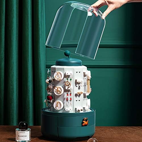 360 Rotating Jewelry Box Cosmetic Storage Box Transparent Makeup Organizer Earrings Desktop Organizer for Necklace ping (Color : Green)