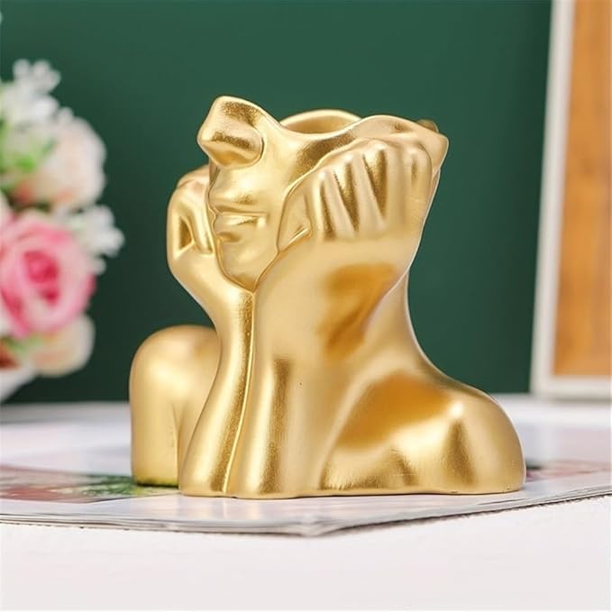 Face Vase – Small Human Body Art Vase in Resin,Women’s Head Shape for Flowers, Makeup Organizer & Desk Decor (Gold)