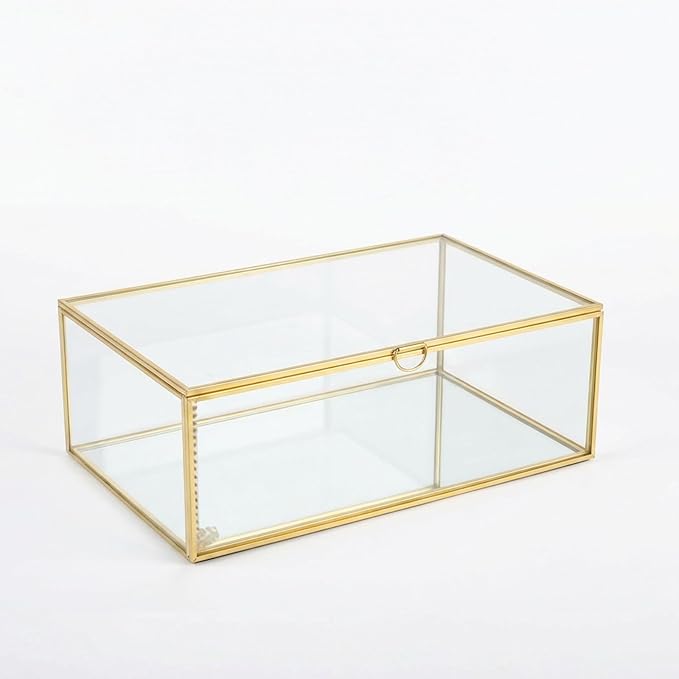 Feyarl Gold Glass Photo Display Box Figures Keepsake Box Jewelry Trinket Rings Earrings Perfume Storage Organizer Display Case Makeup Holder for Home Decor Wedding (10.8 x 7 x 3.9inch)