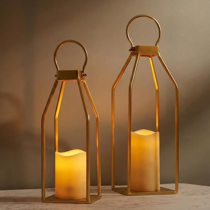 Perfnique Modern Farmhouse Lantern Decor, 15'' 12.6'' Set of 2 Gold Metal Lanterns, 2 LED 6hr Timer Flameless Candles ＆ Remote Timer, Lanterns Decorative for Outdoor, Porch, Fireplace, Patio