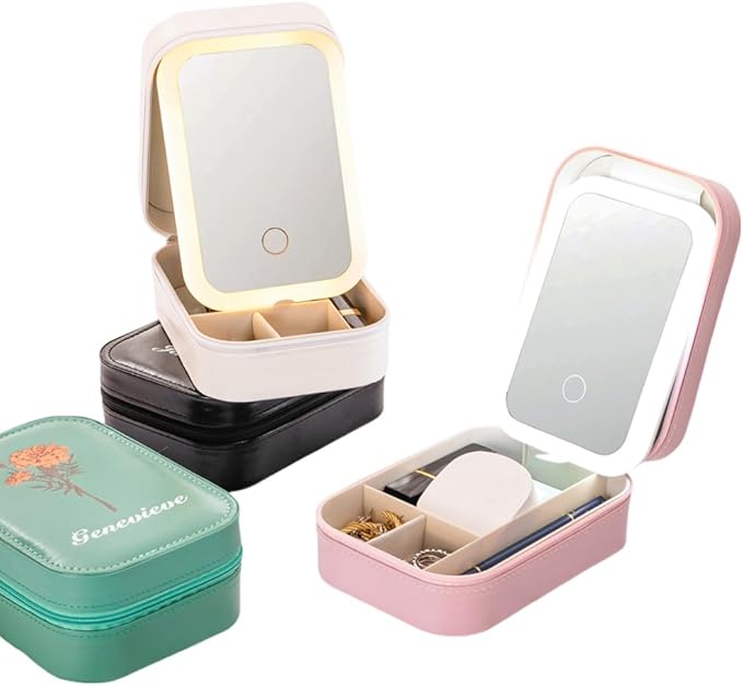 BYFDIY Custom Jewelry Box With LED Light and Makeup Mirror Leather Travel Jewelry Case Organizer Personalized Birth Flower Name Jewelry Boxes For Women