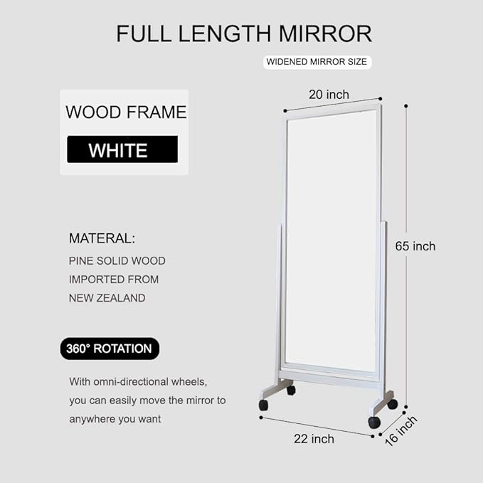 Swivel Tilting Full Length Mirror on Wheels 65"x22", Pine Wood Frame Cheval Floor Rolling Mirror Full Body with Standing Holder for Bedroom, Babershop, Home Gym, Angle Adjustable (White)