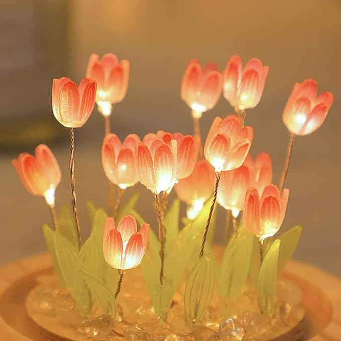 LOGAZOO (20 Flower) Birthday Gifts for Mom, Tulip Lamp Night Light with Glass Dome,Handmade Artificial Flower Table Lamp Bedroom Desk Decoration for Women Daughter Girlfriend Christmas Holiday Gift