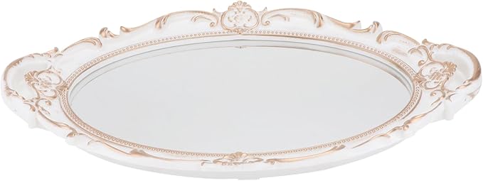 Lurrose Oval Vintage Decorative Mirror Tray with Plastic Frame and Handles Elegant French Style Makeup and Jewelry Organizer Serving Tray for Living Bathroom Shop and Party Decor