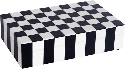 Handicrafts Home Small Decorative Storage Box with Lid, Black and White Keepsake Box, Decorative Trinket Box for Jewelry, Desk Organizer, Coffee Table & Shelf Decor, Puzzle Check - 8 x 5 x 2 Inch
