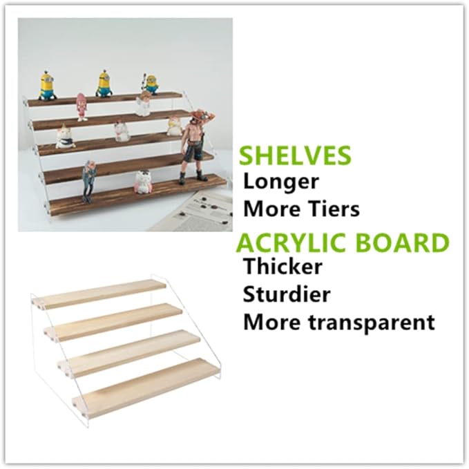 Display Shelf Stand, Clear Acrylic Riser Shelves Wood Acrylic Storage for Figure Collection Cupcake Desserts Holder Cosmetics Perfume Jewelry Organizer Rack