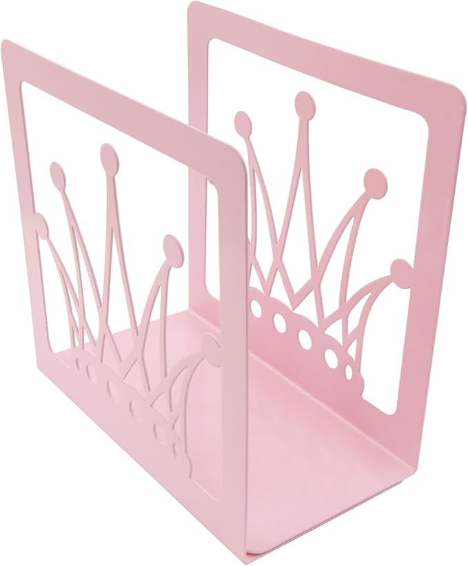 Pink Crown Bookends Metal Book Ends Decorative Bookends for Shelves,Princess Style Book Holder Journal Book Organizer CD Holder Office Bookends for Back to School Student Birthday Kids Girl Mom Gift