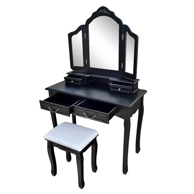 Makeup Table Set,Tri-folding Mirror Vanity Table Set Dressing Table Organizers with Cushioned Stool Bedroom (Black-4 Drawer) Tri-fold Mirror Dresser with Dressing Stool High quality Bathroom Mirrors